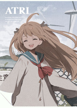 1girl :d ^_^ ahoge ascot atri atri-my_dear_moments- black_ribbon blue_sailor_collar blush brown_hair buttons closed_eyes commentary_request copyright_name day dress eyebrows_hidden_by_hair facing_viewer film_grain floating_hair hair_between_eyes hair_intakes hair_ribbon happy highres long_hair long_sleeves open_mouth outdoors poro_(apom6n) red_ascot ribbon round_teeth sailor_collar sailor_dress second-party_source sky smile solo teeth two_side_up upper_body upper_teeth_only very_long_hair white_dress wide_sleeves wind