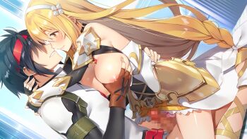 1boy 1girl armor arms_around_neck blonde_hair blush breasts breasts_out choukou_(alicesoft) choukou_taisen_escalation_heroines dutch_angle game_cg grabbing_another&#039;s_breast groping ikusabe_tokisada large_breasts long_hair mikafir pauldrons penis shoulder_armor sitting smile straddling upright_straddle yuuki_hagure