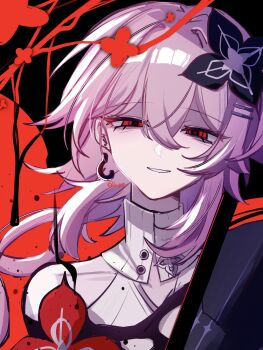 ama_some_(kr0ri) asymmetrical_sleeves black_flower branch earrings evernight_(honkai:_star_rail) eyes_visible_through_hair flower hair_between_eyes hair_flower hair_ornament hairclip half-closed_eyes high_collar highres holding holding_umbrella honkai:_star_rail honkai_(series) jewelry long_hair march_7th_(honkai:_star_rail) mismatched_sleeves pink_hair red_background red_eyes single_earring umbrella watermark