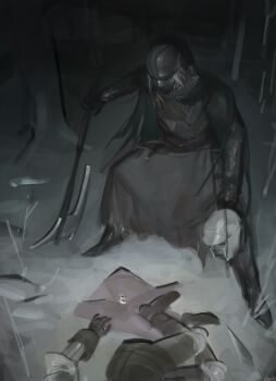 2boys armor armored_boots axe boots cape chainmail commentary creighton_of_mirrah dark_souls_(series) dark_souls_ii decapitation ember_(1712192760) english_commentary full_body green_cape grey_hair grey_theme grey_tunic helmet highres holding holding_axe holding_detached_head jewelry male_focus masked mild_mannered_pate multiple_boys murder ring severed_head short_hair standing tunic unworn_ring