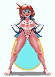 Rule 34 | 1girl, alternate breast size, aqua eyes, asymmetrical hair, bare legs, blue jacket, blush, breasts, cameltoe, closed mouth, competition swimsuit, covered erect nipples, covered navel, creatures (company), curvy, eyelashes, feet, female focus, full body, game freak, gen 1 pokemon, gen 2 pokemon, green eyes, groin, gym leader, highleg, highleg swimsuit, highres, jacket, large breasts, legs, long sleeves, looking at viewer, misty (pokemon), navel, nintendo, nipples, one-piece swimsuit, open clothes, open jacket, orange hair, pokemon, pokemon gsc, pokemon hgss, ponytail, pussy, raida (fmuc5473), sandals, short hair, simple background, smile, solo, sportswear, standing, swimsuit, swimsuit under clothes, thick thighs, thighs, toes, track jacket, white background, white jacket, white one-piece swimsuit, wide hips