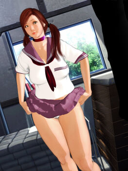 1girl breasts brown_eyes brown_hair choker clothes_lift kill_the_king panties pantyshot school_uniform serafuku skirt skirt_lift solo twintails underwear white_panties