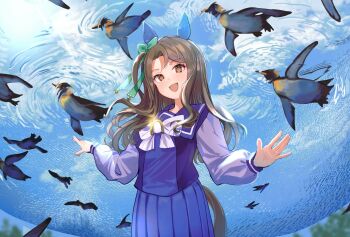 Rule 34 | 1girl, animal, animal ears, bird, blue background, brown hair, ear covers, highres, horse ears, horse girl, horse tail, king halo (umamusume), long sleeves, looking at viewer, penguin, puffy long sleeves, puffy sleeves, school uniform, smile, solo, tail, tracen school uniform, umamusume, upper body, yomean!