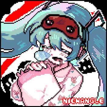 Rule 34 | 1girl, aqua hair, artist name, black border, border, closed eyes, commentary request, hair between eyes, hatsune miku, long hair, nicmangle, nose bubble, pajamas, paradise meisekimu (vocaloid), pink pajamas, pixel art, portuguese commentary, saliva, sleep mask, solo, twintails, vocaloid