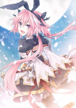 Rule 34 | 1boy, :d, animal ear hairband, animal ears, arms behind back, astolfo (fate), astolfo (saber) (fate), astolfo (saber) (third ascension) (fate), back cutout, backless dress, backless outfit, black bow, black dress, black gloves, black thighhighs, blue background, blush, bow, clothing cutout, cowboy shot, crossdressing, crossdressing (mtf), dress, fake animal ears, fang, fate/grand order, fate (series), floating hair, frilled thighhighs, frills, from behind, full moon, game cg, gloves, hair between eyes, hair bow, hair intakes, hairband, juliet sleeves, konoe ototsugu, long hair, long sleeves, looking back, low twintails, male focus, median furrow, moon, official art, open mouth, overskirt, petals, pink eyes, pink hair, pom pom (clothes), puffy sleeves, rabbit ear hairband, rabbit ears, sheath, sheathed, short dress, skin fang, smile, solo, sword, thighhighs, third-party source, trap, twintails, vulcano caligorante, weapon, white sleeves, wide sleeves