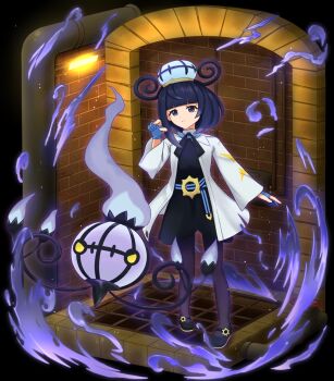 1girl belt belt_buckle black_dress black_shoes blue_gloves blunt_bangs bob_cut brick_wall buckle chandelure coat commentary_request dress eyelashes full_body gen_5_pokemon gloves grate gwynn_(pokemon) hat highres hudoumomizi long_sleeves looking_at_viewer nintendo o-ring o-ring_belt open_clothes open_coat pantyhose partially_fingerless_gloves pokemon pokemon_(creature) pokemon_legends:_z-a purple_eyes purple_hair purple_pantyhose shoes short_hair standing white_coat