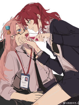 2girls absurdres black_jacket black_necktie black_skirt blue_eyes bocchi_the_rock! chinese_commentary collared_shirt commentary_request cube_hair_ornament cup drinking_glass glasses gotoh_hitori green_eyes grin hair_ornament highres holding id_card jacket kita_ikuyo lanyard lingyi long_hair looking_at_another multiple_girls necktie one_side_up open_mouth pink_hair pouring purple_shirt red_hair red_wings shirt simple_background sitting sitting_on_lap sitting_on_person skirt smile watermark weibo_watermark white_background wine_glass wings yuri