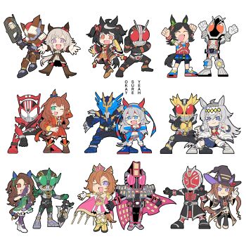 6+boys 6+girls absurdres animal_ears black_gloves black_hair blue_eyes brown_hair curren_chan_(umamusume) dress gloves green_dress green_eyes grey_hair hat highres horse_ears horse_tail kamen_rider kamen_rider_agito kamen_rider_agito_(ground_form) kamen_rider_agito_(series) kamen_rider_black kamen_rider_black_(series) kamen_rider_dcd kamen_rider_den-o_(series) kamen_rider_drive kamen_rider_drive_(series) kamen_rider_fourze kamen_rider_fourze_(series) kamen_rider_gavv kamen_rider_gavv_(series) kamen_rider_wizard kamen_rider_wizard_(series) kamen_rider_zeronos king_halo_(umamusume) kitasan_black_(umamusume) looking_at_viewer multiple_boys multiple_girls okisurya70 purple_eyes red_eyes smile striped_hair t.m._opera_o_(umamusume) tail tokusatsu umamusume white_background witch_hat
