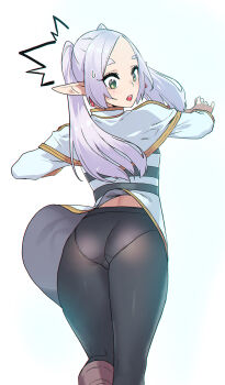 1girl ass black_pantyhose capelet clothes_lift earrings elf floating_earrings frieren from_behind harabacho_(gkfkqkch1) highres jewelry long_hair looking_back panties panties_under_pantyhose panties_visible_through_clothes pantyhose pantyshot pointy_ears shirt simple_background skirt skirt_lift solo sousou_no_frieren striped_clothes striped_shirt sweatdrop twintails underwear white_background white_capelet white_skirt wind wind_lift