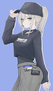 1girl baseball_cap black_choker black_hat black_shirt blue_background breasts brown_pants choker crop_top crop_top_overhang cropped_shirt drop_shadow earclip girls_band_cry grey_eyes grey_hair hair_between_eyes hat highres kawaragi_momoka long_hair long_sleeves looking_at_viewer medium_breasts n_nai_nai_n pants ponytail shirt sidelocks simple_background solo undershirt