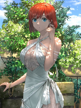 1girl :o bangle bench blue_eyes blue_sky bracelet breasts cleavage cloud commentary criss-cross_halter dappled_sunlight delsaber dress earrings evening_gown flower glint halter_dress halterneck hand_up highres jewelry large_breasts leaf_print original outdoors pantyhose parted_lips plant potted_plant print_pantyhose red_hair ring see-through_cleavage see-through_clothes short_hair side_slit sky sleeveless sleeveless_dress solo sunlight tree_shade white_dress white_flower wooden_bench