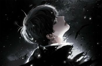 1boy aegyo_sal black_eyes black_hair blackbox_(blackbox9158) coat disintegration falling_feathers feathers glowing half-closed_eyes head_tilt kim_dokja male_focus multicolored_coat omniscient_reader&#039;s_viewpoint parted_lips portrait short_hair sky solo space star_(sky) starry_sky two-tone_coat white_coat