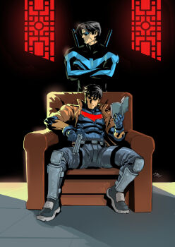 bat_signal batman_(series) batman_symbol black_bodysuit black_hair blue_mask bodysuit brothers dc_comics dexter_soy dick_grayson escrima_sticks gloves grey_bodysuit gun highres jason_todd male_focus mask multicolored_bodysuit muscular nightwing red_hood_(dc) red_hood_and_the_outlaws short_hair siblings simple_background standing superhero_costume two-tone_bodysuit weapon weapon_on_back western_comics_(style) white_eyes