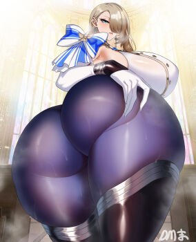 1girl absurdres ass black_thighhighs blonde_hair blue_eyes bodystocking breasts brown_dust_(series) brown_dust_2 church curvy d.m._mo earrings elbow_gloves gloves grabbing_own_ass hair_over_one_eye heavy_breathing highres huge_ass huge_breasts indoors jewelry looking_at_viewer palace plump solo steaming_body sweat thighhighs white_gloves wilhelmina_(brown_dust) wilhelmina_(iron_monarch)_(brown_dust)