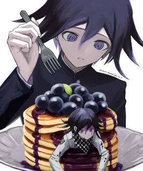 2boys arm_belt black_hair blood blood_on_face buttons checkered_clothes checkered_scarf danganronpa_(series) danganronpa_v3:_killing_harmony flipped_hair food fork fruit gakuran grapes hair_between_eyes highres holding holding_fork in_food injury jacket long_sleeves looking_at_viewer looking_down male_focus mini_person multiple_boys muted_color nervous oma_kokichi pancake pancake_stack pink_blood plate purple_eyes purple_hair ringed_eyes scarf school_uniform short_hair staring sukizukiko symbolism syrup twitter_username two-tone_scarf upper_body white_background