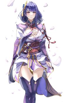 1girl absurdres armor blunt_bangs blush braid breasts bridal_gauntlets cherry_blossoms cleavage closed_mouth clothing_cutout commentary_request falling_petals genshin_impact hair_ornament highres japanese_clothes kamishiro_noa kimono large_breasts lingerie long_braid long_hair looking_at_viewer mole mole_under_eye neck_ribbon petals purple_eyes purple_hair purple_kimono purple_nails purple_thighhighs raiden_shogun red_ribbon red_sash ribbon sash shade shoulder_armor shoulder_cutout single_braid solo thighhighs thighs underwear white_background