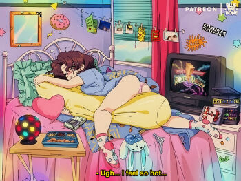 1990s 1990s_(style) 1girl akira_(manga) ass batman:_the_animated_series batman_(series) blanket blue_shirt bluesona_(bluethebone) bluethebone blush body_pillow breasts brown_eyes brown_hair card cartoon_network charmander chicken_nuggets cleft_of_venus corn crt curtains day dc_comics dcau disney donut dumb_and_dumber eevee english_text fever fictional_persona folding_table food game_boy game_boy_(original) gen_1_pokemon handheld_game_console haunter heart heart-shaped_pillow indoors lying medium_hair mighty_morphin_power_rangers mirror nickelodeon nintendo object_request on_bed on_stomach one_eye_closed original panties photo_(object) pikachu pillow pink_panties pokemon polka_dot polka_dot_legwear power_rangers psyduck retro_artstyle shirt sick socks solo squirtle star_(symbol) sticker striped_clothes striped_panties stuffed_animal stuffed_rabbit stuffed_toy subtitled table television the_fresh_prince_of_bel-air the_lion_king the_mask tv_dinner underwear video_game warner_bros. white_panties white_socks window
