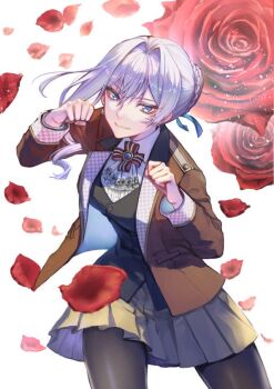 1girl black_pantyhose black_vest blue_eyes breasts brown_jacket brown_skirt clenched_hands closed_mouth cowboy_shot flower grey_hair hinagi_kei jacket miniskirt pantyhose pleated_skirt red_flower red_petals red_rose rose saigo_ni_hitotsu_dake_onegai_shite_mo_yoroshii_deshou_ka scarlet_el_vandimion school_uniform skirt smile solo vest white_background