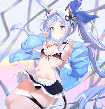 1girl anchor_(innocent_maid)_(nikke) anchor_(nikke) animal_ears apron bikini bikini_skirt black_bikini black_collar black_ribbon black_skirt blue_bow blue_eyes blue_hair blue_jacket blush bow breasts cat_ears cat_tail cleavage closed_mouth collar colorful_background commentary_request frilled_bikini frills front-tie_bikini_top front-tie_top gebukoro123 goddess_of_victory:_nikke hair_bow hair_intakes hair_ribbon hands_up highres jacket long_hair looking_at_viewer maid maid_bikini maid_headdress navel ponytail ribbon skirt small_breasts solo swimsuit tail unconventional_maid very_long_hair waist_apron