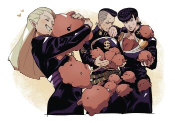 3boys belt black_jacket blonde_hair commentary_request cropped_legs diamond_wa_kudakenai dollar_sign eyelashes grin hazekura_mikitaka heart higashikata_josuke holding hug jacket jojo_no_kimyou_na_bouken male_focus multiple_belts multiple_boys nijimura_okuyasu pointy_ears pompadour smile stuffed_animal stuffed_octopus stuffed_toy tirauraja too_many umbrella_octopus undercut yen_sign