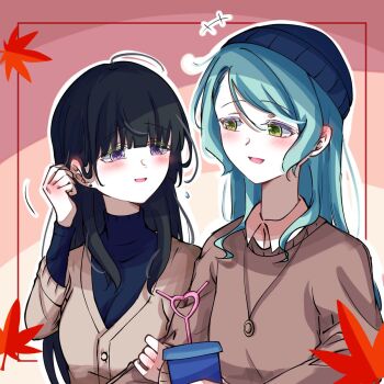 2girls aqua_hair bang_dream! black_hair black_hat blue_sweater blush breasts brown_coat brown_sweater coat ear_blush earrings falling_leaves green_eyes hand_blush hand_on_another&#039;s_arm hat highres hikawa_sayo hime_cut jewelry leaf long_hair looking_at_another multiple_girls necklace non-web_source open_mouth purple_eyes shirokane_rinko smile sweater talking yuri zevi_(zevi_ii)