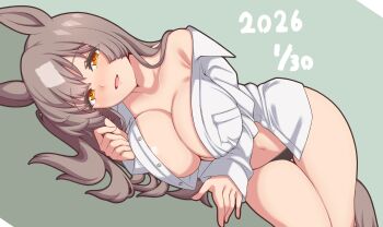 1girl absurdres animal_ears aqua_background black_panties blush breasts brown_eyes brown_hair brown_tail cleavage collarbone commentary_request dated diamond_(shape) hakutaqanta highres horse_ears horse_girl horse_tail large_breasts long_hair long_sleeves looking_at_viewer lying multicolored_hair no_bra no_pants on_side open_clothes open_mouth open_shirt panties satono_diamond_(umamusume) shirt simple_background single_bare_shoulder single_off_shoulder smile solo streaked_hair tail thighs umamusume underwear white_shirt white_streaks