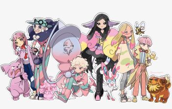Rule 34 | 2boys, 4girls, alcremie, bede (pokemon), black hair, boots, brown eyes, closed mouth, coat, collared shirt, dachsbun, dress, eneko (olavcnkrpucl16a), facepaint, frilled thigh strap, gen 2 pokemon, gen 6 pokemon, gen 7 pokemon, gen 8 pokemon, gloves, granbull, green hat, hair ornament, hairclip, hand on own chin, hat, hatterene, highres, holding, lacey (pokemon), leggings, long hair, looking at viewer, mina (pokemon), multicolored hair, multiple boys, multiple girls, nintendo, opal (pokemon), open clothes, open coat, ortega (pokemon), outline, pants, parted bangs, partially fingerless gloves, pink hair, pokemon, pokemon (creature), pokemon sm, pokemon sv, pokemon swsh, pokemon xy, red gloves, ribombee, shirt, shoes, shorts, single glove, sitting, standing, stroking own chin, sylveon, thigh strap, two-tone hair, valerie (pokemon)