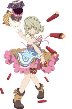 Rule 34 | 1girl, apron, artist request, blonde hair, blue apron, boots, brown boots, brown dress, closed mouth, colored petticoat, creature, doll, dress, elize lutus, elize lutus (western costume), flower, full body, game cg, green eyes, head wreath, highres, holding dynamite, lit fuse, looking at viewer, medium hair, official alternate costume, official art, petticoat, pink dress, pink ribbon, ribbon, smile, solo, standing, tales of (series), tales of asteria, tales of xillia, teepo (tales), third-party source, transparent background, white flower