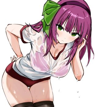 1girl alternate_costume angel_beats! black_thighhighs bra bra_visible_through_clothes breasts buruma cleavage closed_mouth commentary_request cowboy_shot green_eyes green_ribbon gym_shirt hair_ribbon hairband hand_in_own_hair hand_on_own_hip highres leaning_forward looking_at_viewer medium_breasts medium_hair nakamura_yuri pink_bra purple_hair purple_hairband red_buruma ribbon shirt simple_background solo thighhighs underwear wet wet_clothes wet_shirt white_background white_shirt zenoo