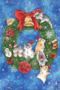 animal animal_focus bell christmas christmas_stocking christmas_wreath commentary_request fur-trimmed_headwear fur_trim fuwakoma hamster hat highres no_humans original painting_(medium) red_hat red_ribbon ribbon santa_hat traditional_media watercolor_(medium) wreath