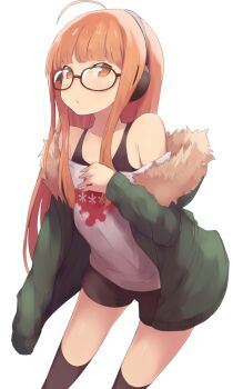 Rule 34 | 10s, 1girl, ahoge, blush, brown eyes, coat, female focus, fur coat, glasses, headphones, ichijou (kr neru0), jacket, long hair, looking at viewer, off shoulder, orange hair, persona, persona 5, sakura futaba, simple background, solo, white background