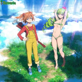 2girls above_clouds absurdres areola_slip arms_up barefoot blue_footwear breasts cloud cloudy_sky dryad_(terraria) floating_island flower grass green_hair hair_bobbles hair_flower hair_ornament hand_on_own_hip highres leaf long_sleeves looking_at_viewer mechanic mechanic_(terraria) medium_breasts multiple_girls non-web_source opticalcore orange_hair overalls pink_flower pipe_wrench plant ponytail purple_eyes red_flower red_shirt self-upload shirt sky small_breasts smile sunlight terraria tree two_side_up vines water white_flower yellow_flower yellow_overalls