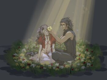 1boy 1girl aerith_gainsborough baggy_pants bare_shoulders black_hair blue_eyes boots brown_hair closed_eyes closed_mouth commentary couple crisis_core:_final_fantasy_vii cross_scar dress english_commentary facial_scar fairynap field final_fantasy final_fantasy_vii final_fantasy_vii_remake flower flower_field hair_flower hair_ornament hair_ribbon highres indian_style jacket long_hair looking_at_another open_clothes open_jacket pants parted_bangs pink_dress pink_ribbon red_jacket ribbon scar scar_on_cheek scar_on_face short_sleeves sitting sleeveless sleeveless_turtleneck smile spiked_hair sweater turtleneck turtleneck_sweater yellow_flower yokozuwari zack_fair