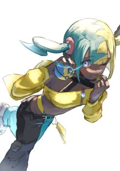 1girl aqua_hair bandeau black_mask black_pants blonde_hair blue_pants blush breasts canari_(pokemon) criss-cross_halter crop_top halterneck highres hirotanien holding holding_poke_ball jacket mask mask_pull medium_breasts mega_stone midriff mouth_mask multicolored_hair navel nintendo one_eye_closed open_mouth pants poke_ball pokemon pokemon_legends:_z-a quick_ball short_twintails smile solo split-color_hair teeth twintails two-tone_hair two-tone_mask yellow_bandeau yellow_jacket yellow_mask