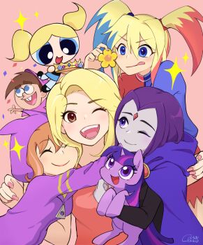 1boy 6+girls ;d animification barbara_gordon blonde_hair bubbles_(ppg) commentary crossover crown dc_comics dc_super_hero_girls english_commentary english_text flower forehead_jewel group_hug happy_birthday harley_quinn highres hood hoodie horns hug looking_at_viewer multicolored_hair multiple_girls my_little_pony my_little_pony:_friendship_is_magic one_eye_closed open_mouth orange_hair powerpuff_girls purple_hair raven_(dc) real_life single_horn smile tara_strong teen_titans textless_version the_fairly_oddparents timmy_turner tongue tongue_out toon_(style) twilight_sparkle twintails two-tone_hair unicorn urucra voice_actor_connection
