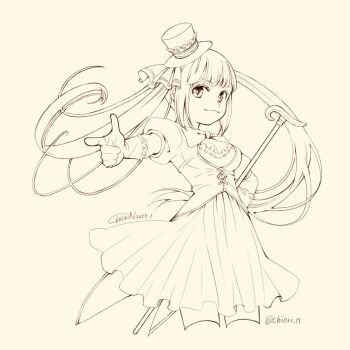 1girl breasts cane chiori_n commentary_request floating_hair gloves hat highres long_hair medium_breasts mini_hat monochrome original pointing pointing_at_viewer skirt smile solo thighhighs twintails vest zettai_ryouiki