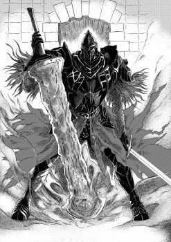 1boy 913kousatu absurdres armor armored_boots asymmetrical_dual_wielding black_armor boots breastplate commentary_request dark_souls_(series) dark_souls_ii dual_wielding full_armor full_body fume_knight gauntlets greatsword greyscale highres holding holding_sword holding_weapon indoors looking_at_viewer male_focus monochrome pauldrons shoulder_armor solo standing sword weapon