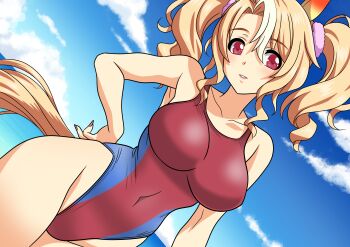 Rule 34 | 1girl, ahoge, animal ears, bare shoulders, blonde hair, blue sky, blush, breasts, cloud, collarbone, commentary request, competition swimsuit, ear covers, fusaichi pandora (umamusume), hair between eyes, hair ornament, hair scrunchie, hand on own hip, highres, horse ears, horse girl, horse tail, large breasts, long hair, looking at viewer, multicolored hair, ocean, one-piece swimsuit, outdoors, parted lips, pink nails, red eyes, scrunchie, sky, smile, solo, swimsuit, tail, twintails, umamusume, water, white streaks, yuuyuu (3jjbn)