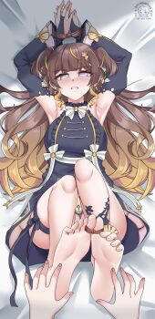 1girl absurdres anya_melfissa anya_melfissa_(1st_costume) armpits arms_up artist_logo artist_name barefoot blonde_hair blush bound bound_wrists breasts brown_hair commission detached_sleeves dress earrings feet foot_focus grey_dress hair_ornament highres hololive hololive_indonesia imminent_tickling jewelry leg_ribbon legs_up logo long_hair lying multicolored_hair on_back on_bed pov pov_hands purple_eyes ribbon shinoillust sleeveless sleeveless_dress soles thigh_ribbon tied_toes toe_scrunch toenails toes very_long_hair vgen_commission virtual_youtuber