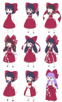 1girl black_hair brown_hair chibi evolution female_focus gustav_(telomere_na) hair_tubes hakurei_reimu hakurei_reimu_(pc-98) japanese_clothes miko multiple_persona one_eye_closed purple_hair ribbon smile touhou touhou_(pc-98) wink