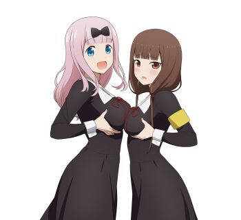 2girls absurdres anime_coloring armband asymmetrical_docking black_bow black_dress blue_eyes blush bow breast_press breasts brown_eyes brown_hair collared_dress commentary coro_fae dress english_commentary fujiwara_chika hair_bow highres iino_miko kaguya-sama_wa_kokurasetai_~tensai-tachi_no_renai_zunousen~ large_breasts long_hair long_sleeves looking_at_viewer low_twintails medium_breasts multiple_girls neck_ribbon official_style open_mouth pink_hair red_ribbon ribbon school_uniform shuuchiin_academy_school_uniform simple_background smile summer_uniform twintails white_background white_wrist_cuffs wrist_cuffs yellow_armband