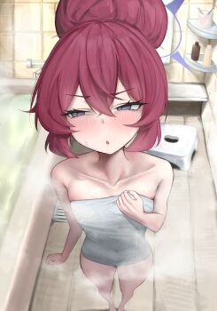 1girl ahiru_(ahahahahiru) bare_shoulders barefoot bath bathroom bathtub blue_archive blush breasts collarbone covered_navel grey_eyes hair_between_eyes hair_bun halo indoors iroha_(blue_archive) loli long_hair looking_at_viewer naked_towel parted_lips red_hair small_breasts solo standing steam tiles towel white_towel