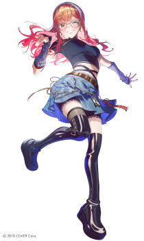 1girl ;d belt black_arm_warmers black_boots black_shirt black_shorts black_thighhighs blue_skirt boots breasts brown_belt colored_inner_hair commentary_request copyright_notice cropped_shirt earrings fajyobore full_body glasses gradient_hair grey_arm_warmers grin hairband hand_up highres hololive hololive_dev_is ichijou_ririka jewelry lace-trimmed_shorts lace_trim long_hair looking_at_viewer medium_breasts midriff miniskirt multicolored_hair official_art one_eye_closed open_mouth orange_eyes orange_hair outstretched_arm pink_hair pleated_skirt shirt short_shorts short_sleeves shorts shorts_under_skirt sidelocks simple_background single_thighhigh skirt smile solo standing standing_on_one_leg swept_bangs thigh_boots thighhighs turtleneck virtual_youtuber white_background white_hairband