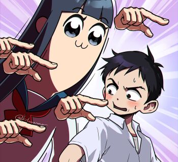 Rule 34 | 10s, 1boy, 1girl, :3, black hair, blue eyes, blue hair, bow, crossover, hair bow, karakai jouzu no takagi-san, nishikata, pipimi, poking, poptepipic, red bow, school uniform, season connection, serafuku, shirt, twitter username, voice actor connection, white shirt