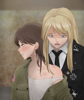 2girls bite_marks highres military military_uniform multiple_girls original yuri