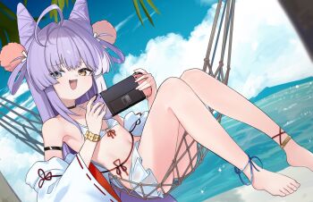 1girl bikini blue_eyes blue_sky bracelet cone_hair_bun detached_sleeves fang game_console hair_bun hair_ornament hair_rings heterochromia highres jewelry nanana_narang navel ocean open_mouth pom_pom_(clothes) pom_pom_hair_ornament purple_hair sky stellive summer swimsuit tenko_shibuki virtual_youtuber white_bikini yellow_eyes