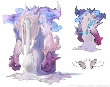 arched_back caesty commentary_request dated_commentary english_text from_above full_body korean_commentary long_hair monster monster_focus multiple_views muscular nexon no_pupils official_art one_eye_covered orange_eyes production_art simple_background star_traveler tales_weaver very_long_hair white_background white_hair