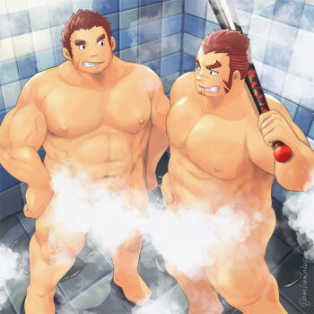 akashi_(live_a_hero) bara baseball_bat completely_nude convenient_censoring crossover eye_contact facial_hair feet_out_of_frame from_above goatee holding holding_baseball_bat large_pectorals live_a_hero long_sideburns look-alike looking_at_another male_focus muscular muscular_male nipples nude omochiwotakusan paid_reward_available pectorals red_eyes red_hair sanpaku scar scar_on_face scar_on_nose short_hair sideburns standing steam steam_censor strongman_waist tamamura_gunzo thick_eyebrows tokyo_houkago_summoners veins veiny_arms