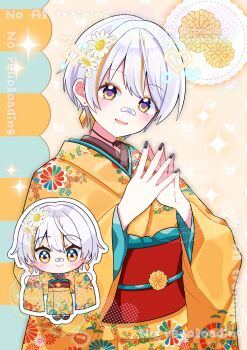 Rule 34 | 1girl, absurdres, bandaid, bandaid on face, bandaid on nose, black nails, blush, character request, chibi, closed mouth, commentary, commentary request, commission, copyright request, cowboy shot, english commentary, highres, japanese clothes, kimono, long sleeves, looking at viewer, mixed-language commentary, multicolored hair, multiple views, nail polish, obi, open mouth, orange kimono, orange streaks, outline, red sash, sash, short hair, skeb commission, smile, sparkle, steepled fingers, streaked hair, wataco coco, watermark, white hair, white outline, wide sleeves, yellow eyes