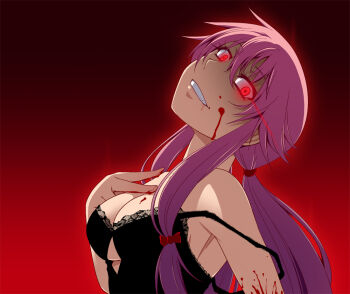 1girl bad_id bad_pixiv_id bare_shoulders blood bow breasts cleavage crazy female_focus gasai_yuno glowing glowing_eyes gradient_background grin hair_bow hayashi_custom head_tilt long_hair mirai_nikki pink_hair purple_hair red_eyes smile solo strap_slip yandere